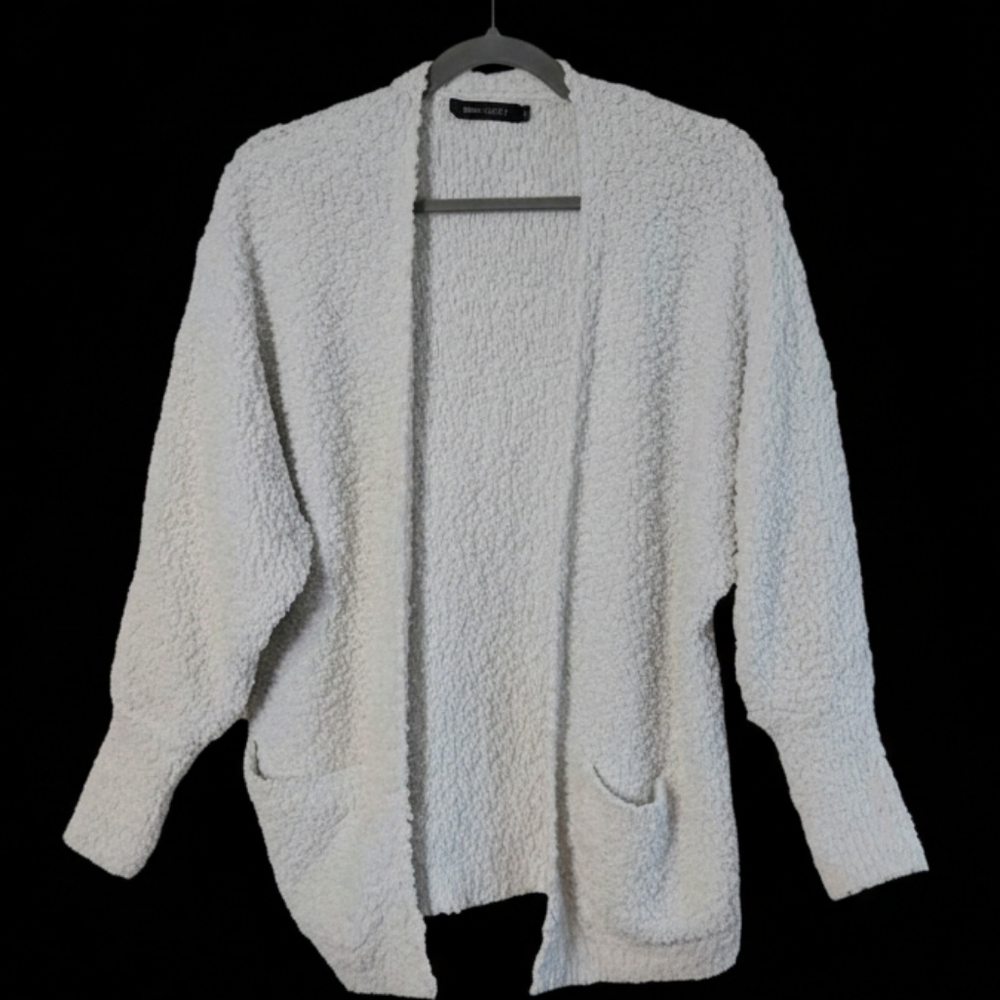 Merokeety Cozy Popcorn Texture White Open Front Cardigan Women's Sweater Medium